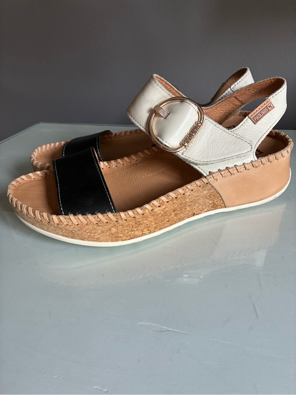 PIKOLINOS Black and Cream Leather Cork Wedge Sandal with Buckle Size 39